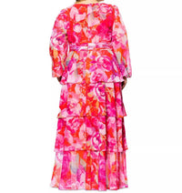 Xscape - Norene Print Chiffon Long Sleeve Ruffle Floor Length Dress - Plus