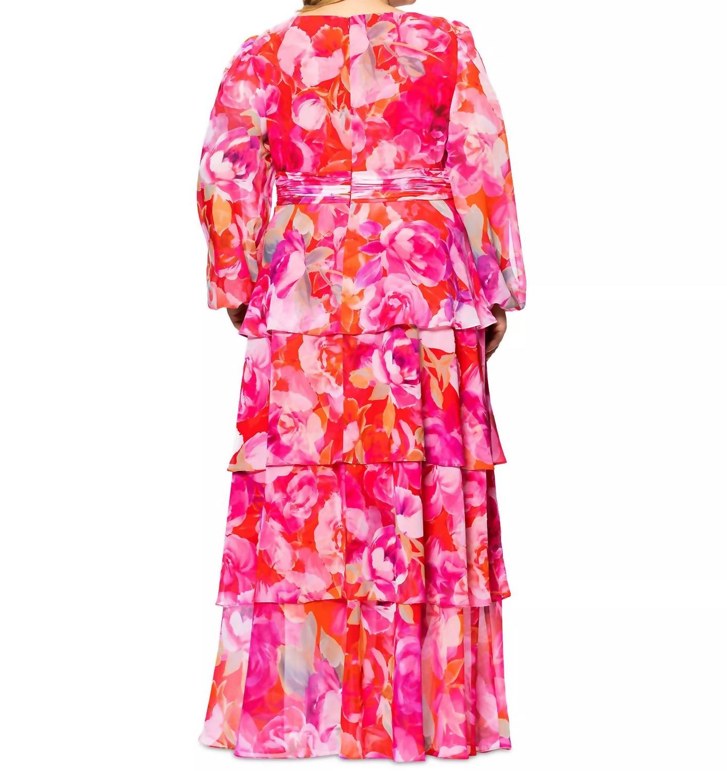 Xscape - Norene Print Chiffon Long Sleeve Ruffle Floor Length Dress - Plus