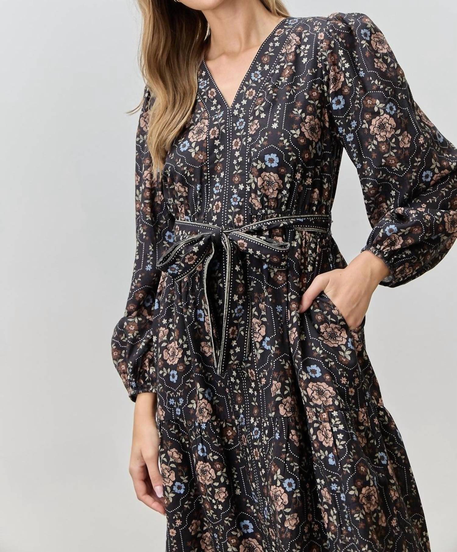 Polagram - Printed Floral V-neck Midi Dress - Plus