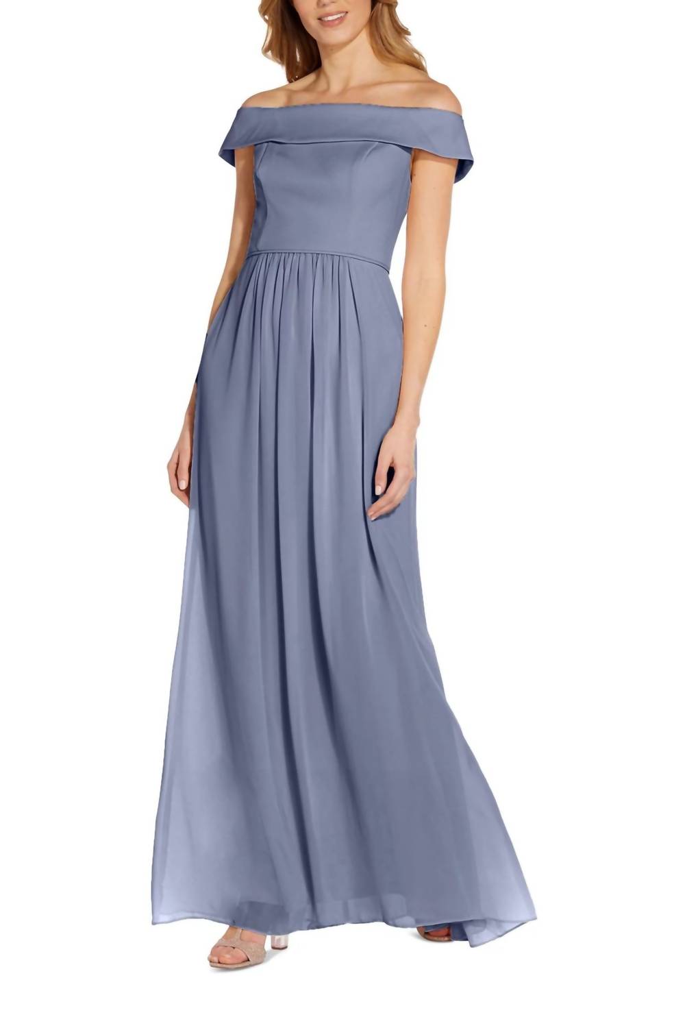 Adrianna Papell - Off Shoulder Ruched Piping Detail Crepe Chiffon Dress