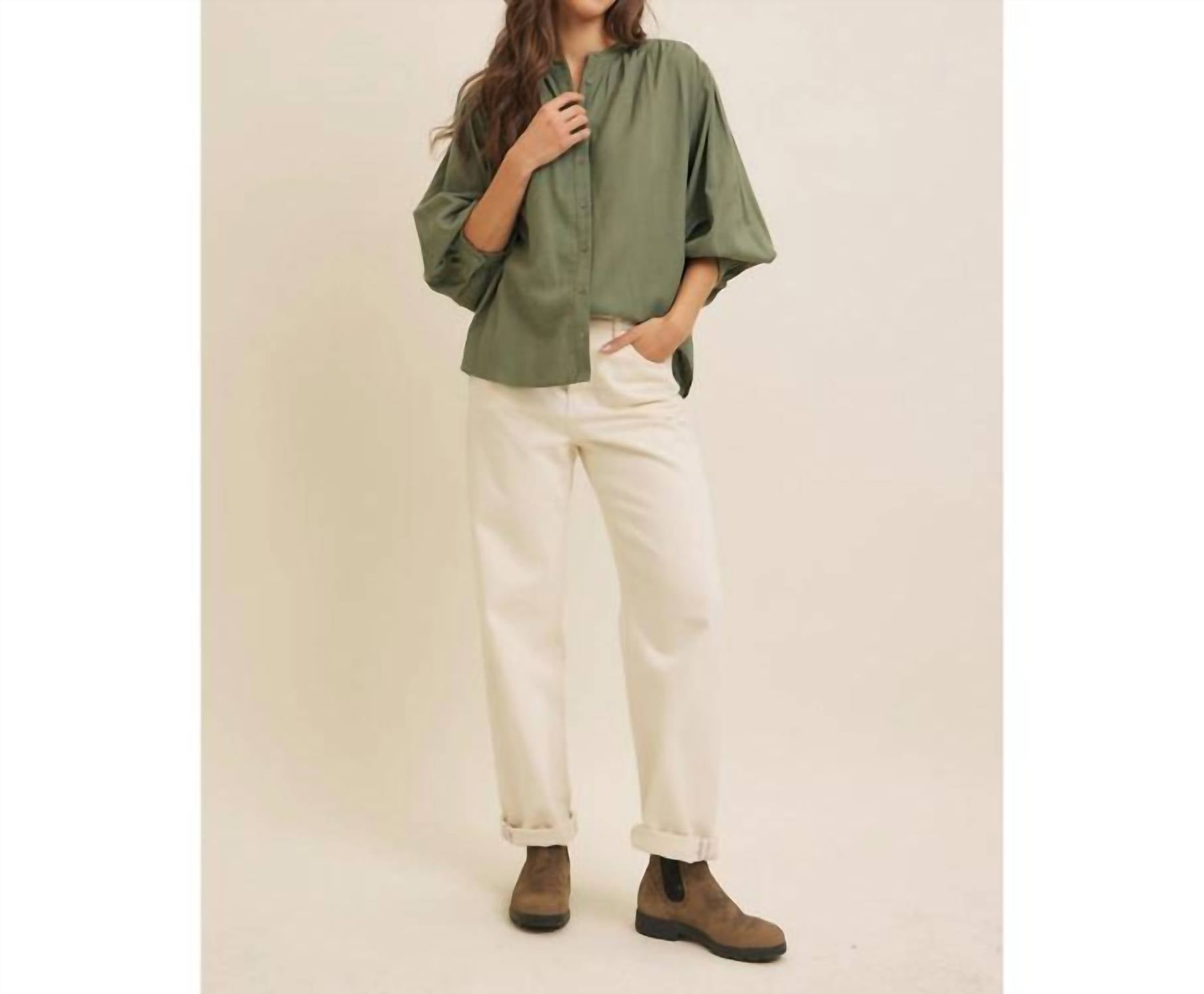 In February Francine Linen Blend Button Down Blouse in green - women's blouse - detail view