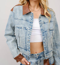 Blue B - Faux Leather Color Block Denim Jacket