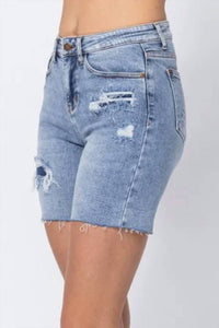 Judy Blue - Women's Ariel Denim Patch High Rise Mid Length Shorts