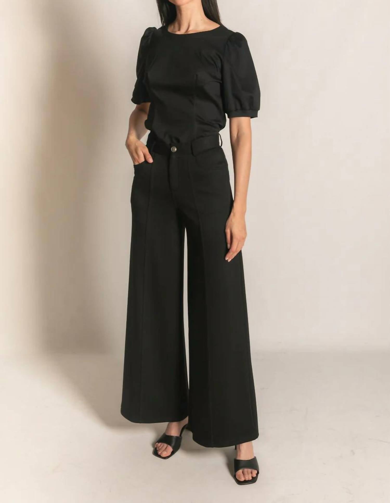 P.CILL Modal Pleated Wide Leg Trouser in black - women's pants