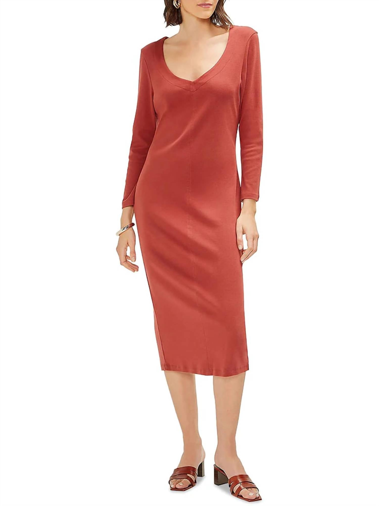 Three Dots - Women's V Neck Midi Sweatshirt Dress