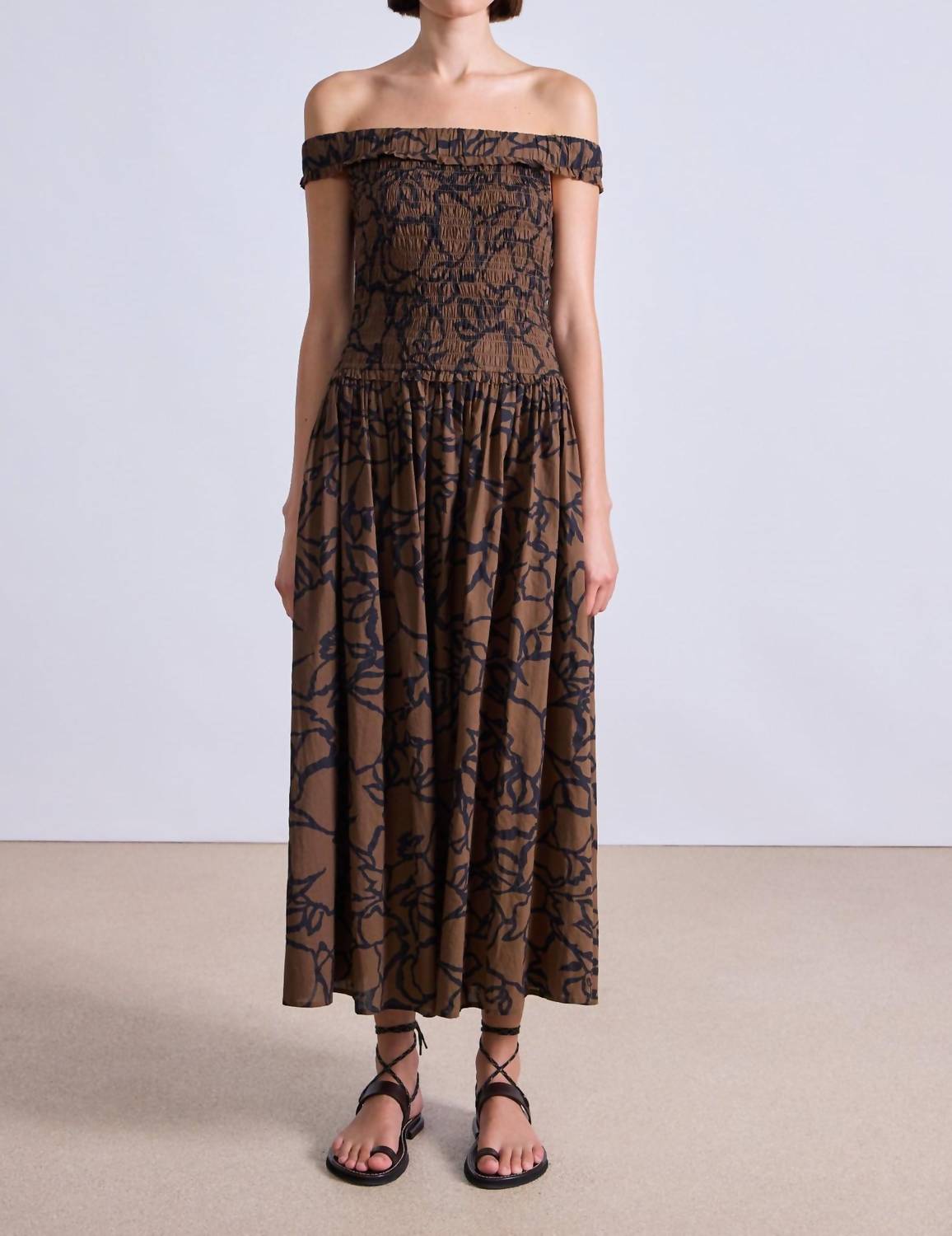 APIECE APART Britt Off Shoulder Maxi Dress in large lace floral chocolate 1 - women's dress - detail view