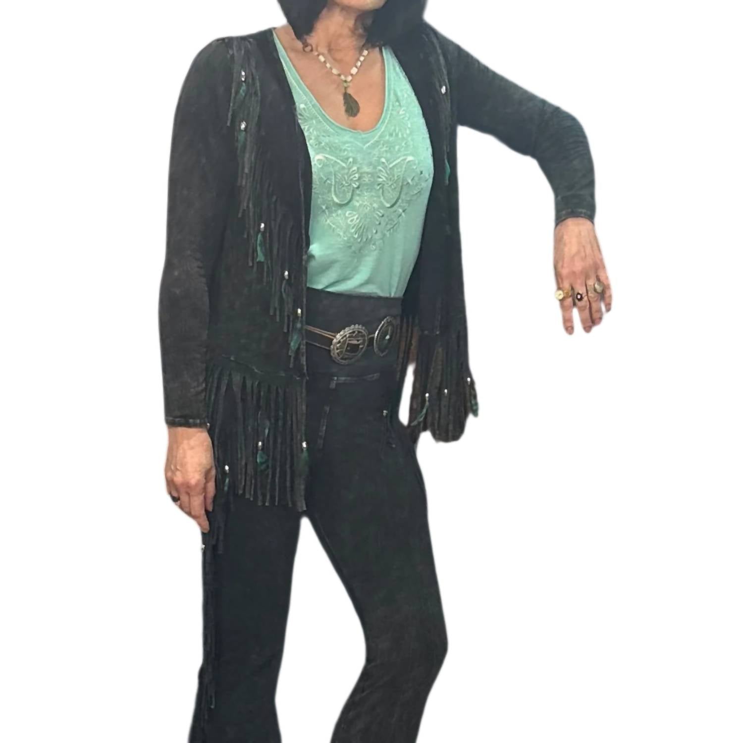 Pat Dahnke - Women's Short V Back Fringed And Feathered Jacket