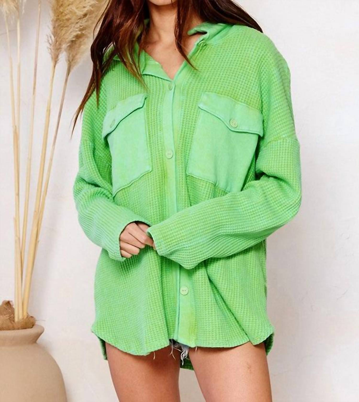 BUCKETLIST Vintage Wash Waffle Knit Shacket in green - women's shirt
