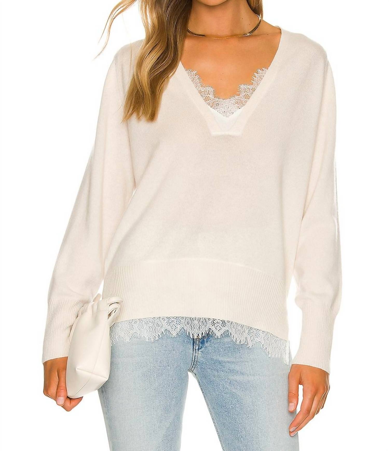Brochu Walker Lace V Layered Pullover Sweater in ivory - women's sweater