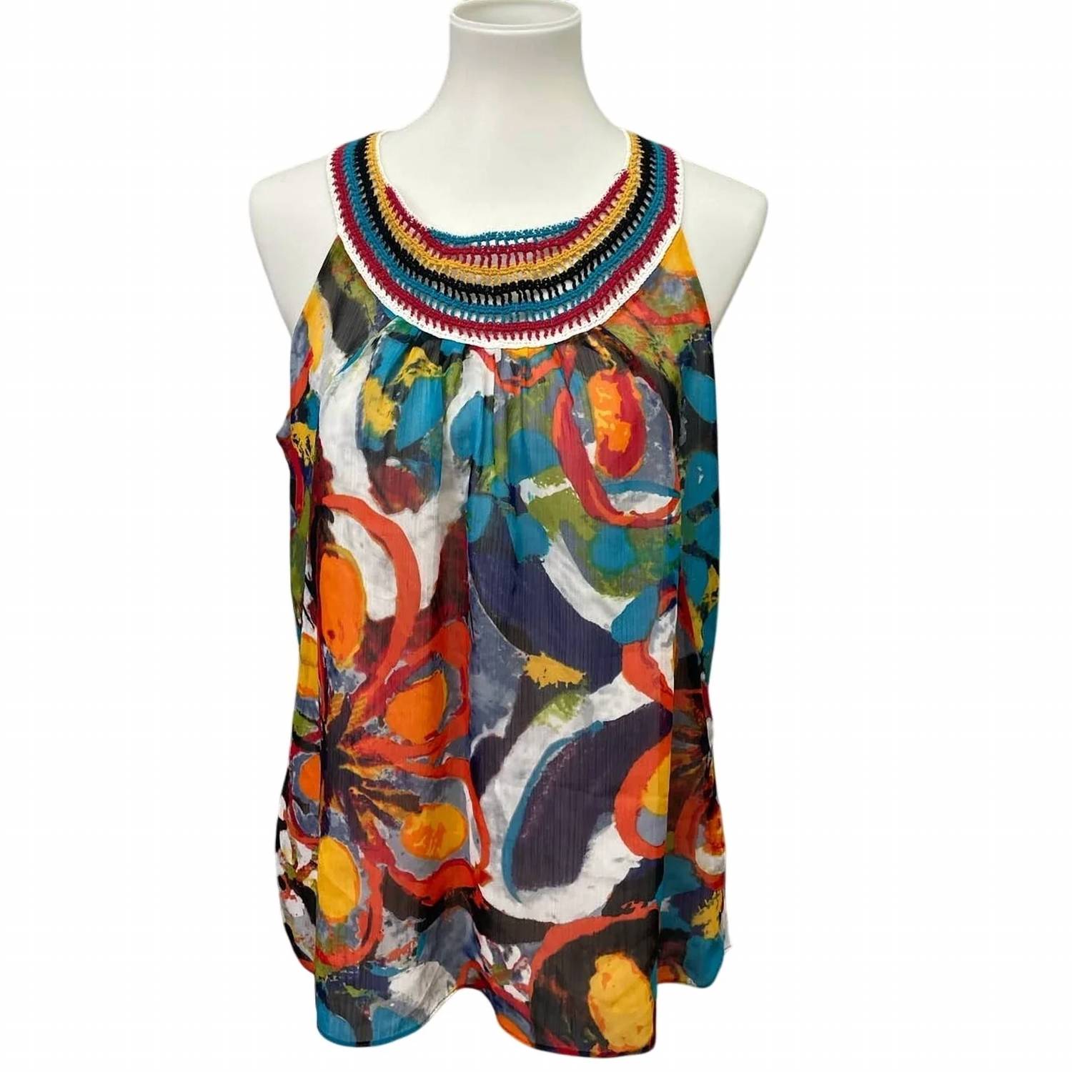 Ny Collection - Women's Crochet Neck Flowy Floral Tank Top