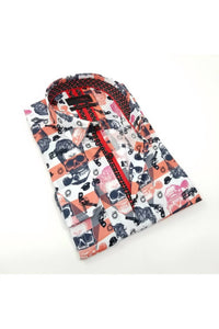 Eight X - Skull Design Print Button Down Shirt With Trim