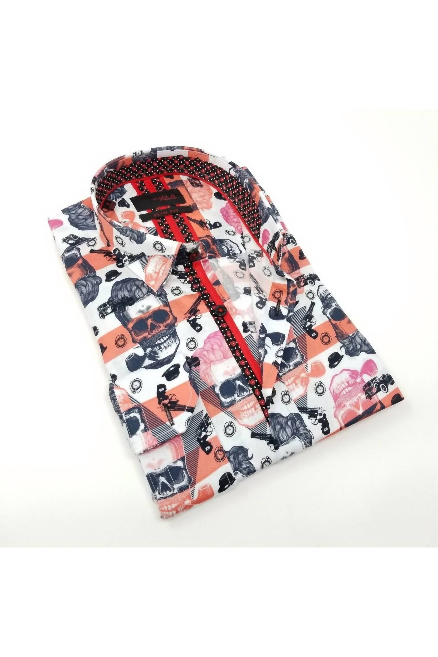 Eight X - Skull Design Print Button Down Shirt With Trim