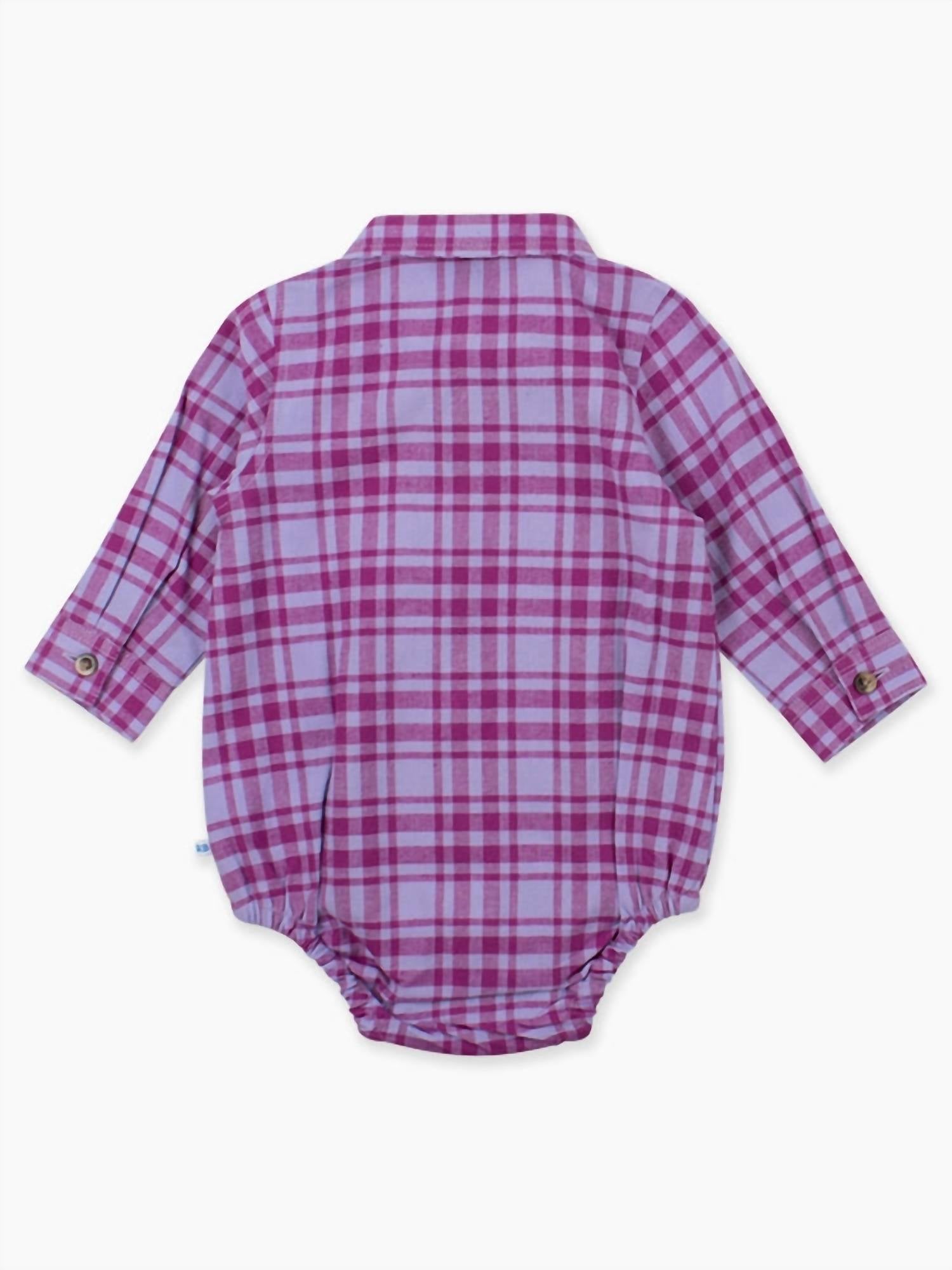 RuffleButts Boy's Harper Plaid Long Sleeve Button Down Bodysuit in purple - kids' item - detail view