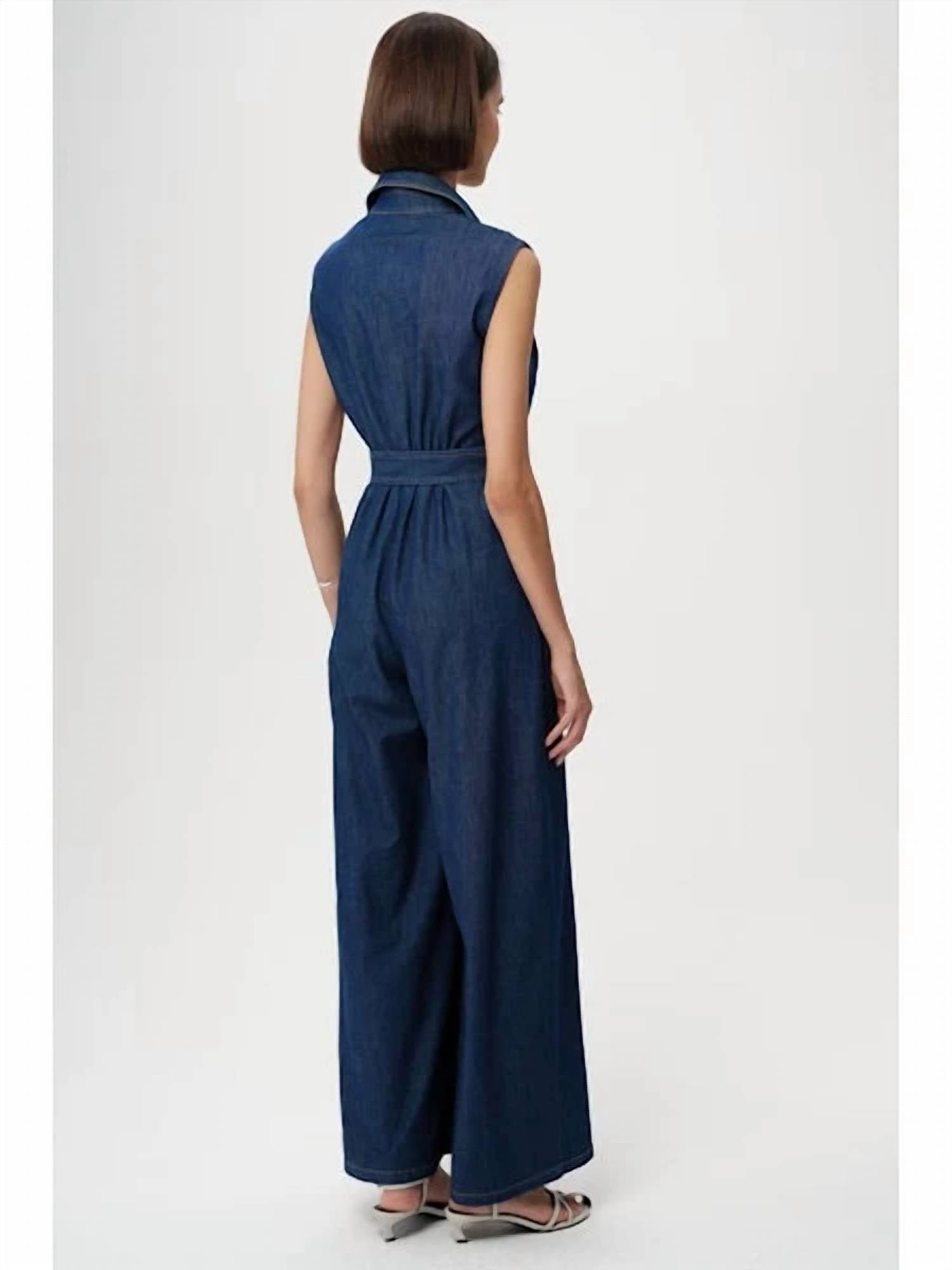 Exquise - Keith Sleeveless Front Zipper Belted Denim Jumpsuit