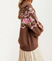 Knit & Lounge - Half-zip Sweater With Floral Fair Isle Pattern