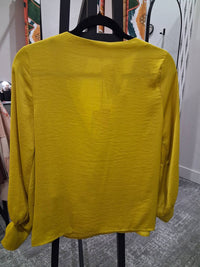 Before You Collection Women's Satin V-neck Top in mustard - women's blouse - detail view