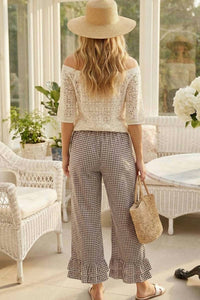 Vine & Love - Gingham Casual Ruffled Hem Cropped Pants