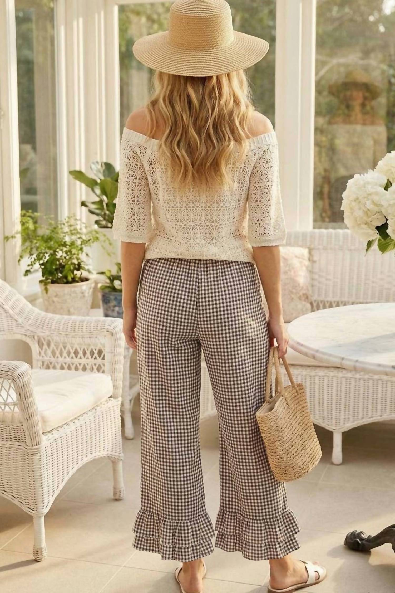 Vine & Love - Gingham Casual Ruffled Hem Cropped Pants