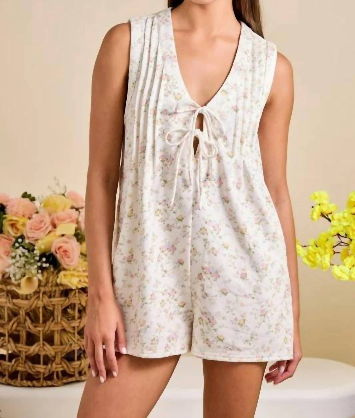 Main Strip - Floral Tie Front Sleeveless Romper