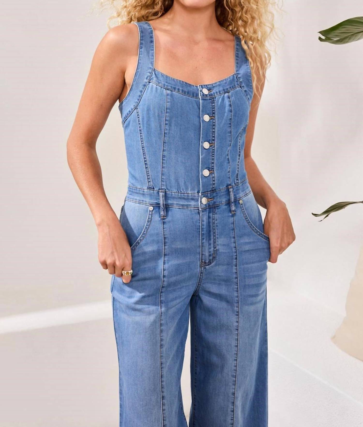 TRIBAL Wide Leg Jumpsuit With Shirred Elastic Back in amalfi coast - women's pants - detail view