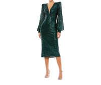 Mac Duggal - Sequin Mesh Plunge Midi Dress