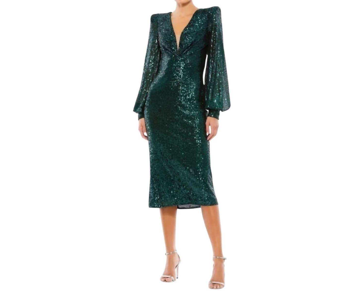 Mac Duggal - Sequin Mesh Plunge Midi Dress