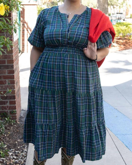 She + Sky - Puff Sleeve Woven Plaid Midi Dress - Plus