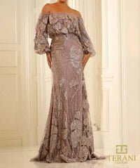 Terani Couture - Glamorous Evening Off-shoulder Long Formal Beaded Tulle Dress