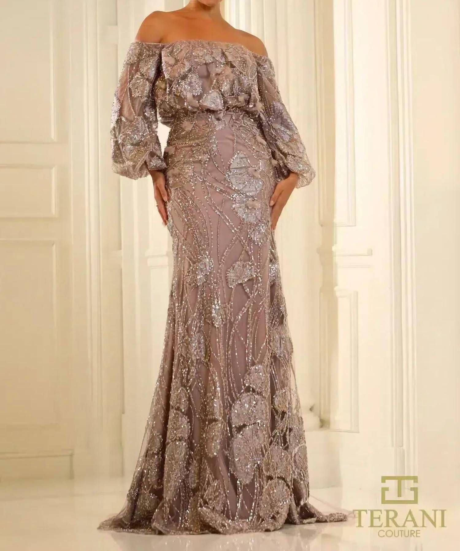 Terani Couture - Glamorous Evening Off-shoulder Long Formal Beaded Tulle Dress