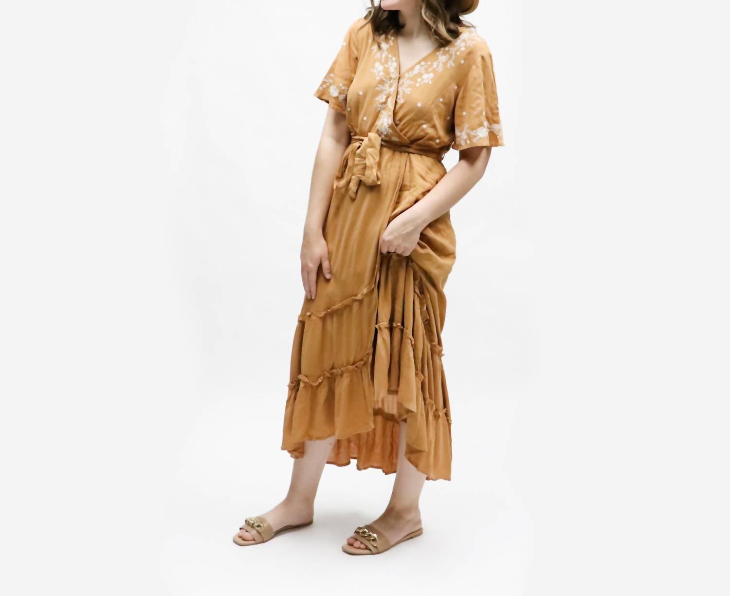 Polagram - Floral Embroidered Ruffle Midi Maxi Dress