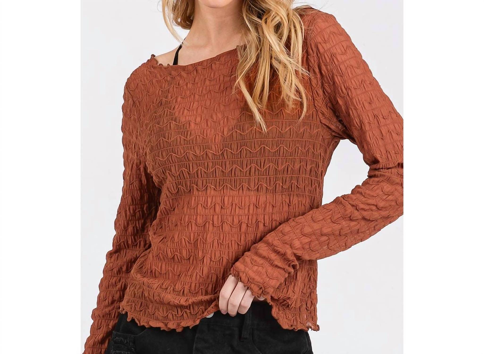 Mittoshop - Textured Sheer Stretchy Boat Neck Long Sleeve Top
