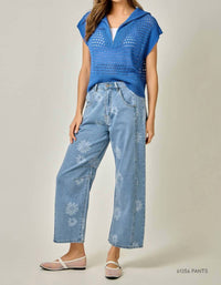 Mystree - Fishnet Zip-up Short Sleeve Sweater