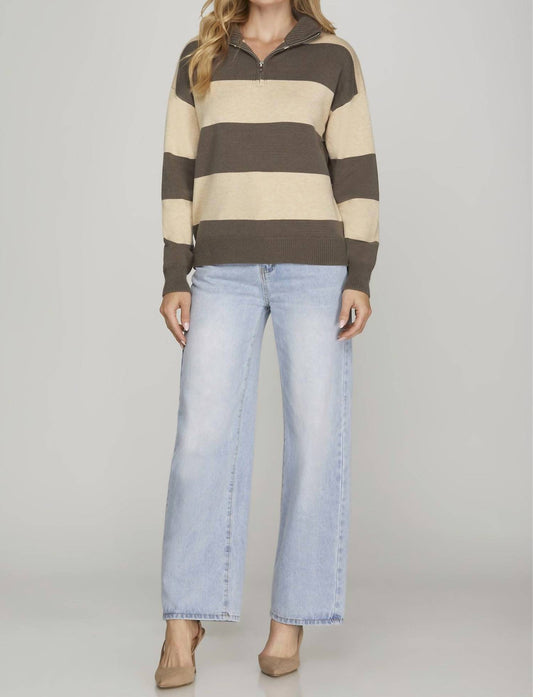 She + Sky - LONG SLEEVE HALF ZIP STRIPED SWEATER