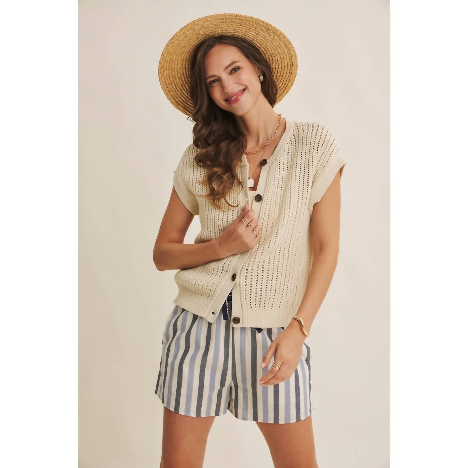 In February - Breezy Open Knit Button-down Sweater Vest
