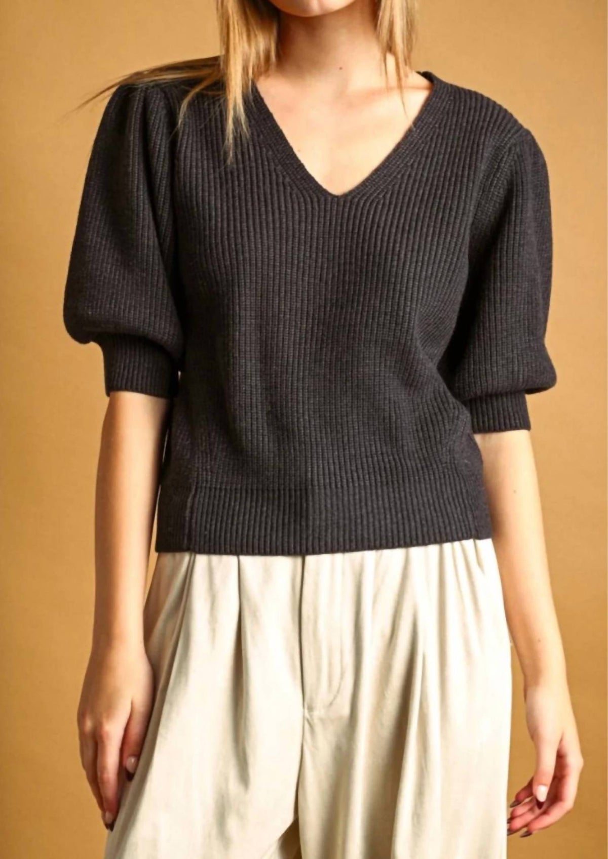 Miou Muse - Puff Sleeve Sweater Top