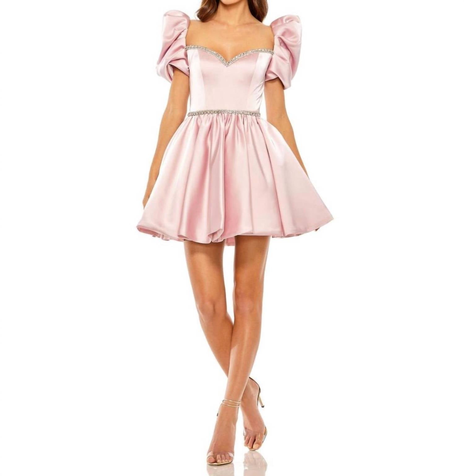 Mac Duggal - Puff Sleeves Sweetheart Neck Mini Dress