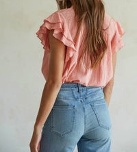 By Together - Woven Cotton Linen Button V-Neck Short Sleeve Top