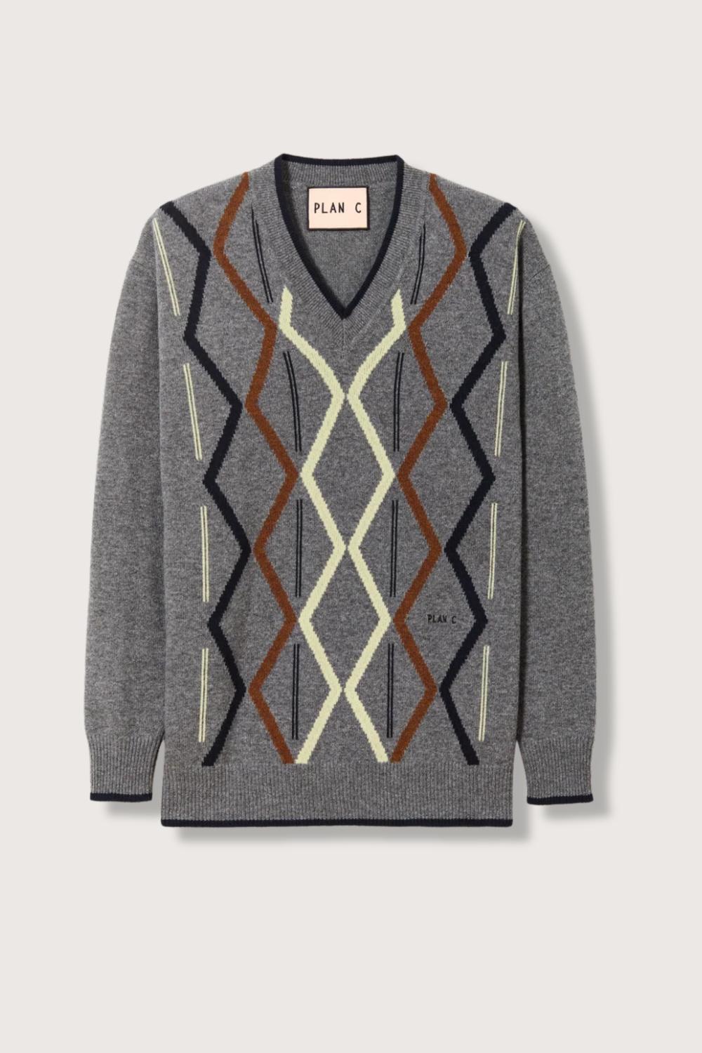 Plan C Argyle Cashmere V-neck Sweater in multi - women's sweater - view 4