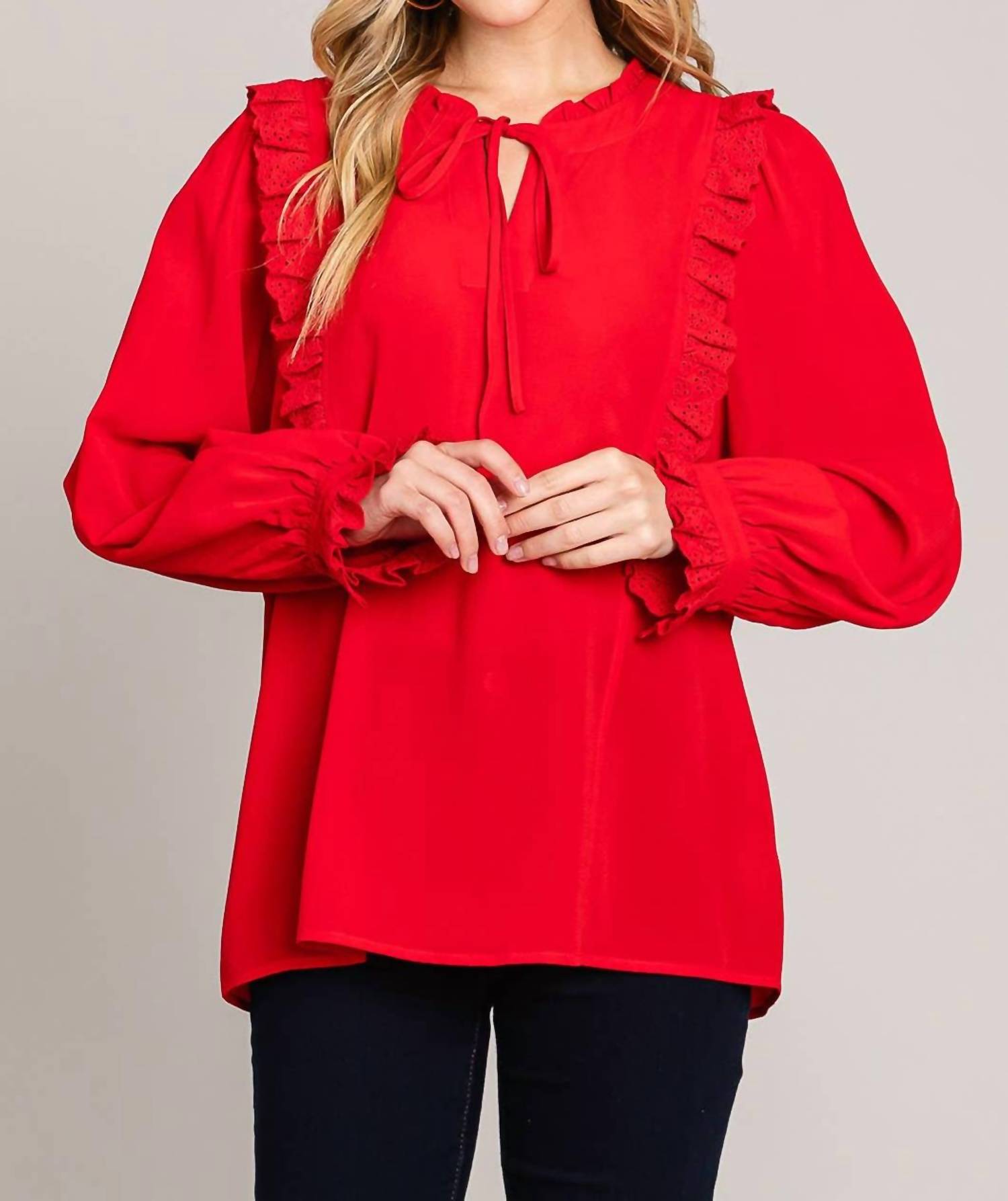 Cotton Bleu - Lace Trim Ruffle Top