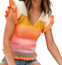 Blue B - Keesha Crochet Knitted Multi Stripe Ruffle Sleeve Top