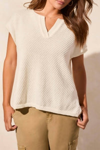 TRIBAL Slit V Neck Extended Shoulder Sweater Top in cocomilk - women's sweater