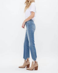 mica denim High Rise Crop Non-distressed Flare Jeans in medium wash - women's jeans - detail view