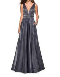 La Femme V-Neck 2-Tone Satin with Rhinestone Gown in platinum - women's dress