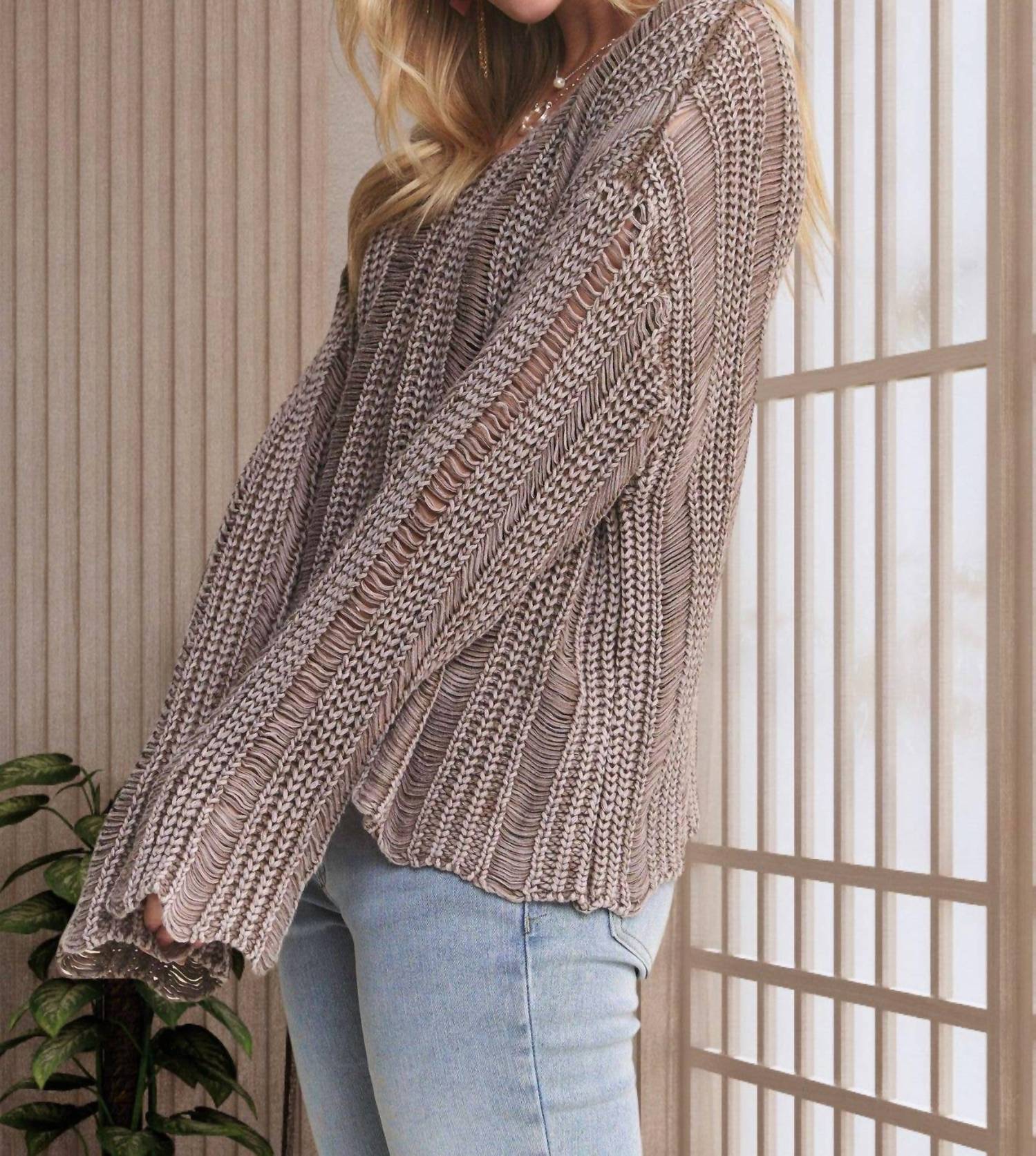 ADORA Mineral Wash Loose Knit Pullover Sweater in mocha - women's sweater - alternate view