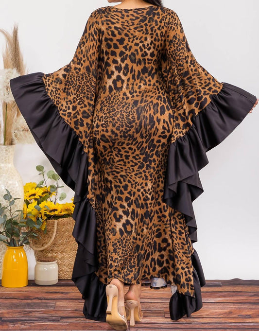 Karen T Design - Ruffled Leopard Kaftan Maxi Dress