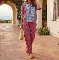 Karen Kane - Ruched Sleeve Border Print Shirt