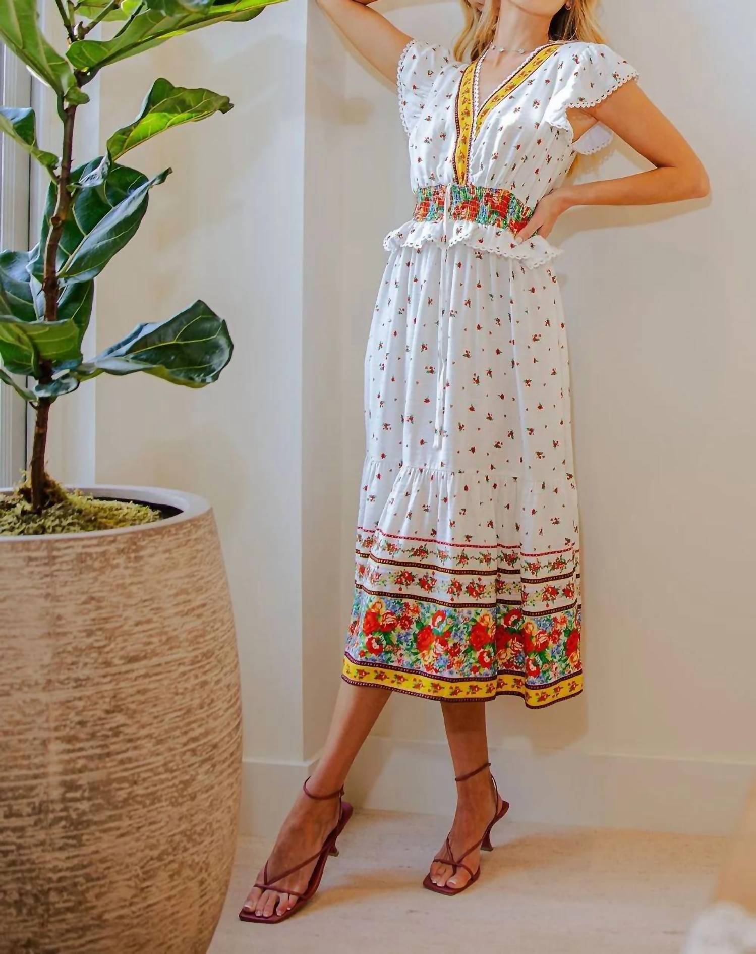 Easel - Floral Border Print Cap Sleeve Midi Dress