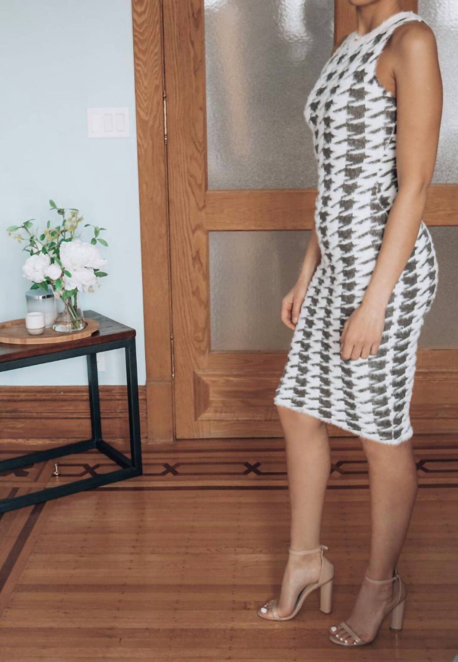 Endless Blu. - Houndstooth print sweater knit dress