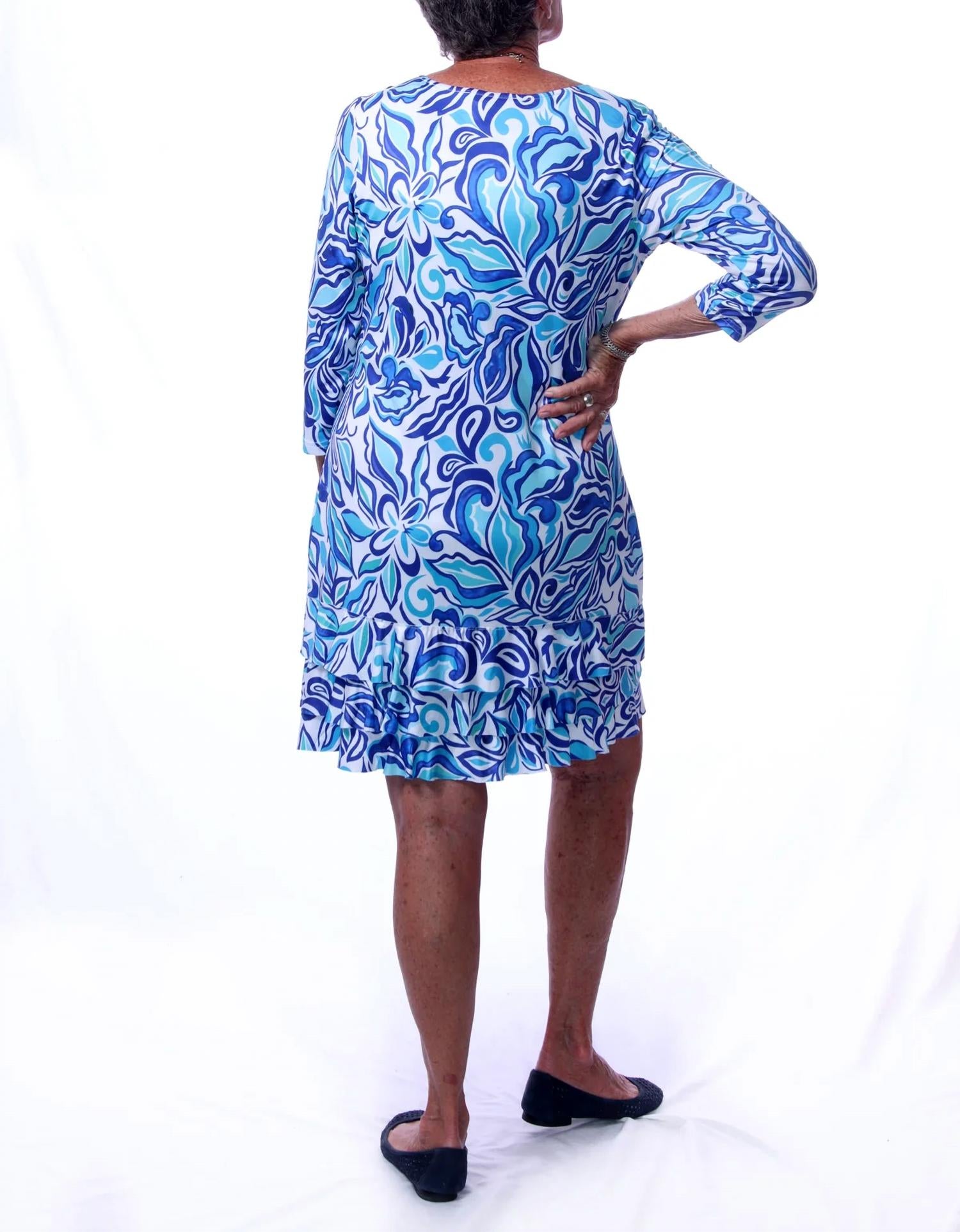 Tango Mango Ruffle Hem 3/4 Sleeve Dress in blue green - women's dress - detail view