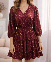 Joy Joy Puff Sleeves V-neck Print Dress in wine - women's dress